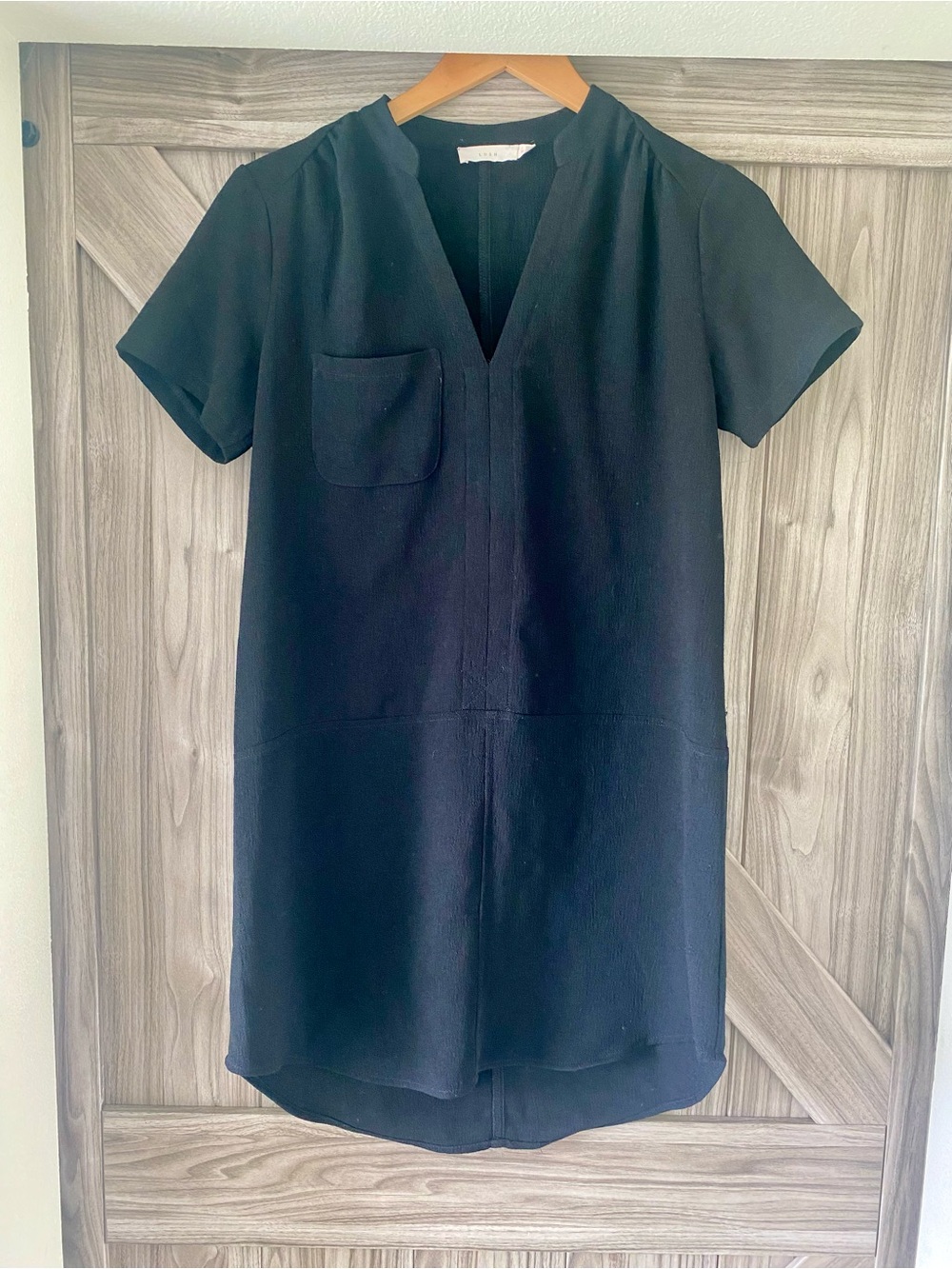 Lush Black Short-Sleeve V-Neck Dress with Chest Pocket